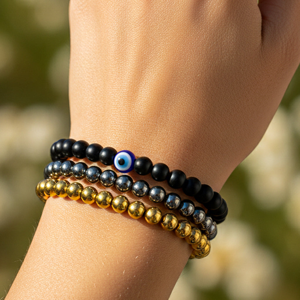 Sona Chandi Kawach combo (Golden hematite with Silver Hematite and Nazar Kawach bracrelet)