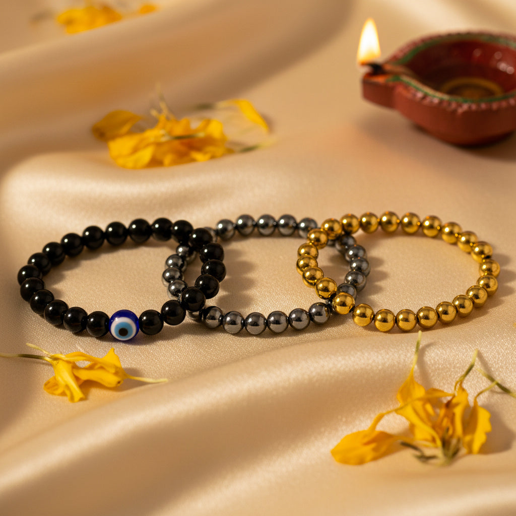 Sona Chandi Kawach combo (Golden hematite with Silver Hematite and Nazar Kawach bracrelet)